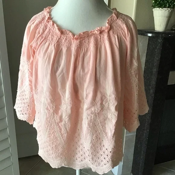 love J Off Shoulder Eyelet Blouse XLARGE Cropped Coral Pink 100% Cotton Romantic - Picture 8 of 16